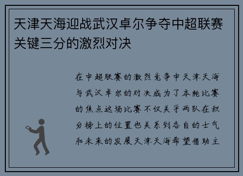 天津天海迎战武汉卓尔争夺中超联赛关键三分的激烈对决
