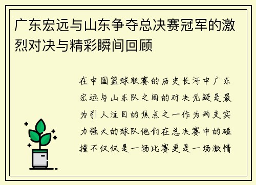 广东宏远与山东争夺总决赛冠军的激烈对决与精彩瞬间回顾